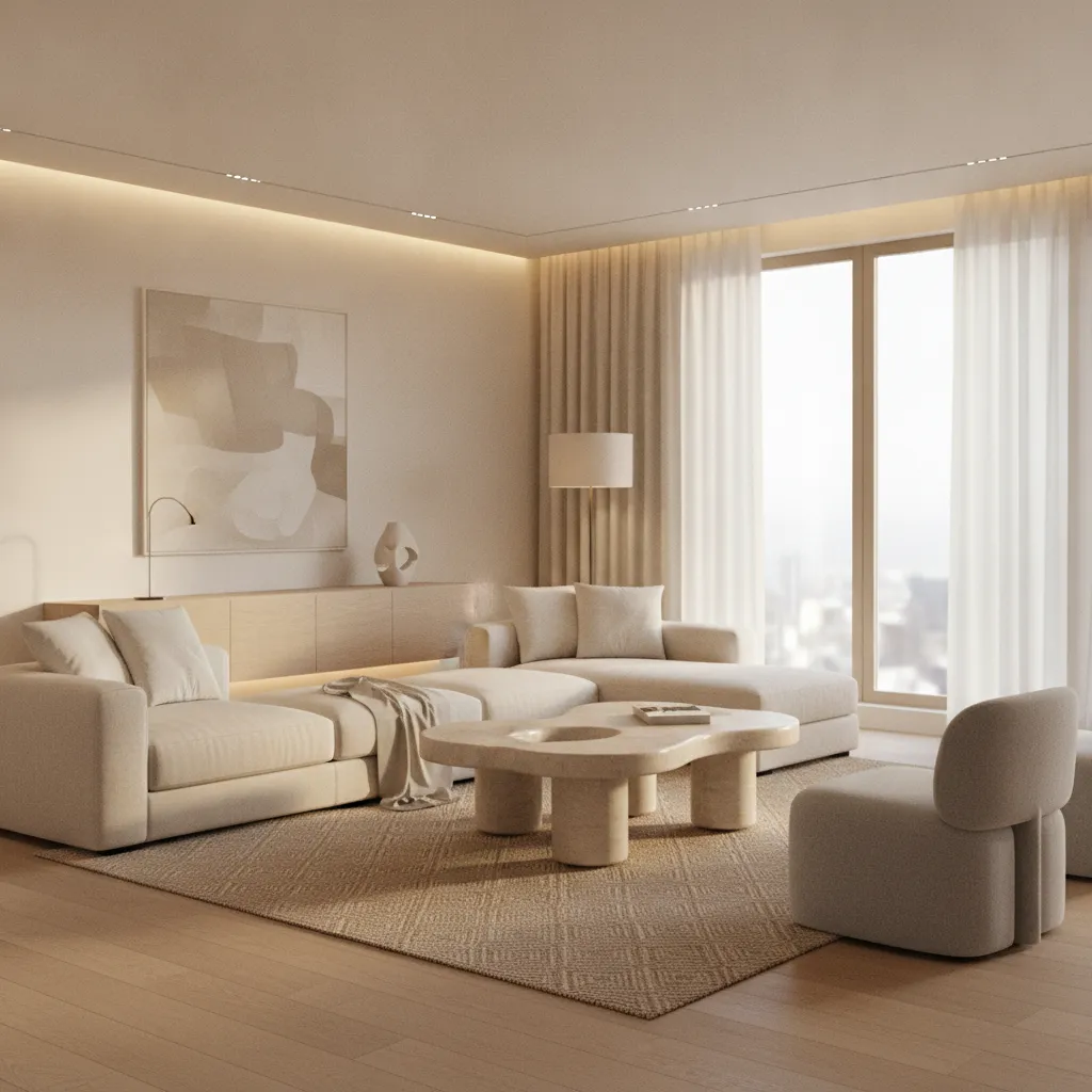 Living room with sculptural coffee table as statement piece