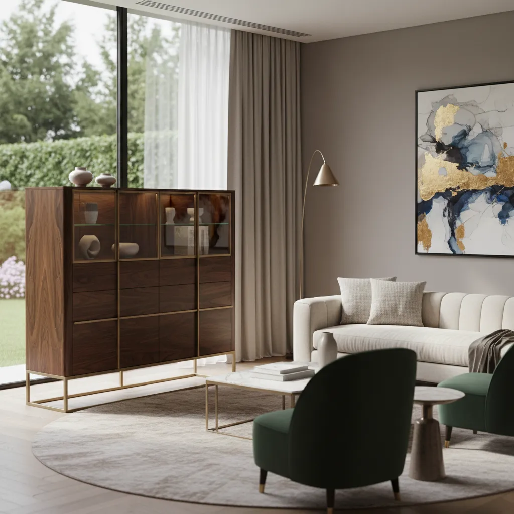 Modern living room featuring dark wooden cabinet, white sofa, green chairs, marble table, and windows