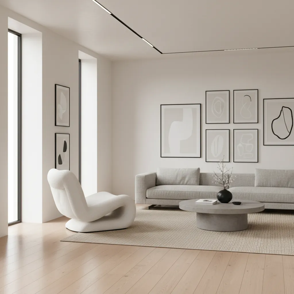 Living room showing one sculptural statement chair balanced with neutral surroundings