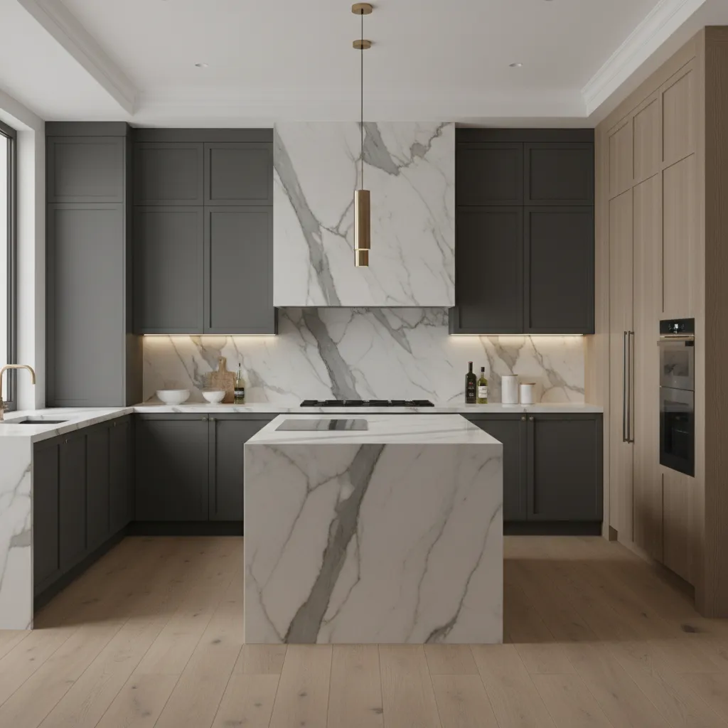 large marble slab backsplash kitchen wall feature