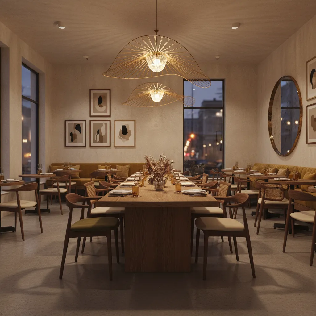 Boutique hospitality dining room with large pendant lighting above table