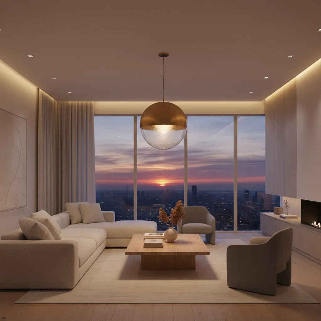 Living room featuring statement lighting fixture in a budget friendly design