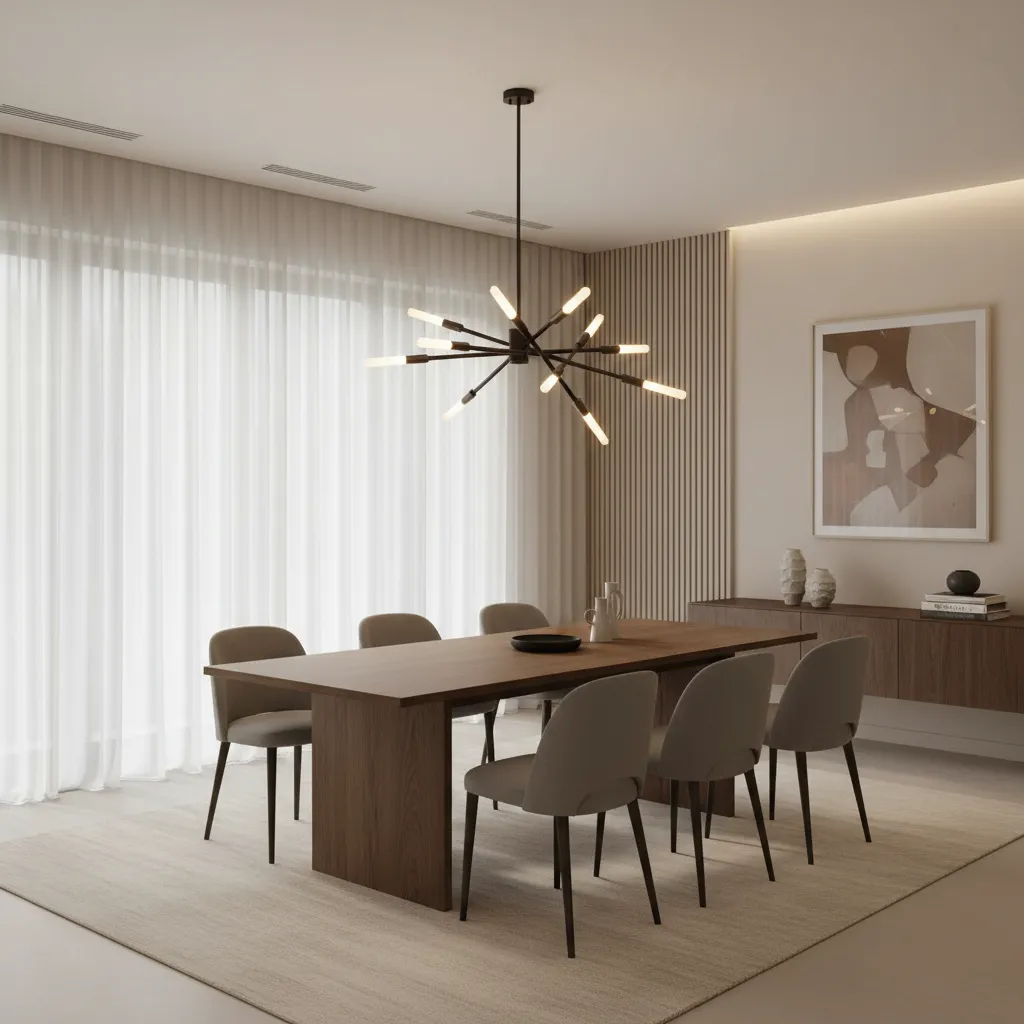 Comedor moderno con lámpara colgante llamativa sobre la mesa