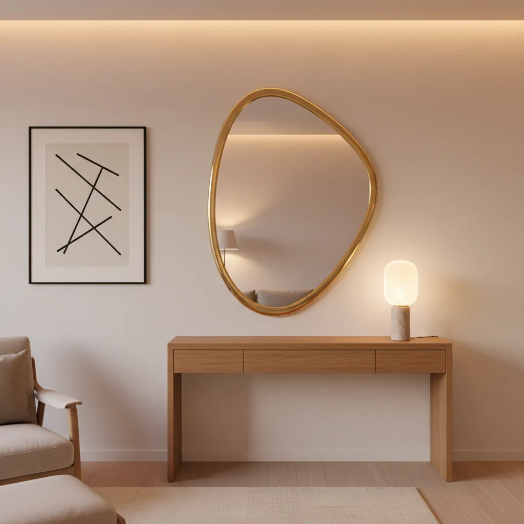 Modern apartment wall featuring a large wavy statement mirror