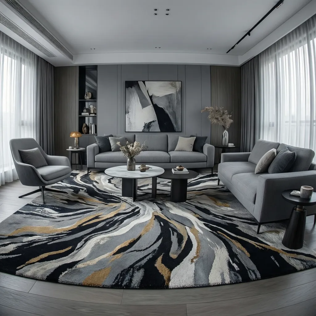 Modern grey living room featuring a bold statement rug as focal point