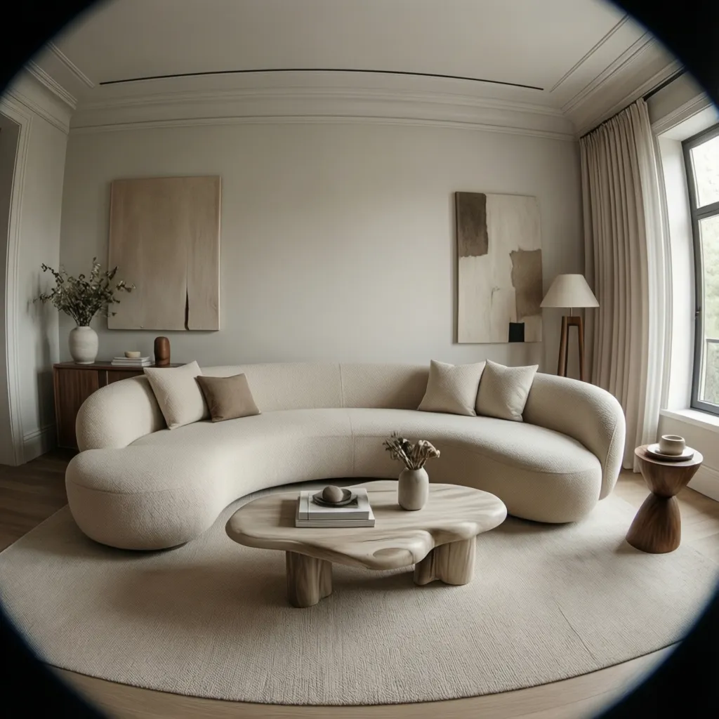 Small living room with bold sculptural sofa as focal point