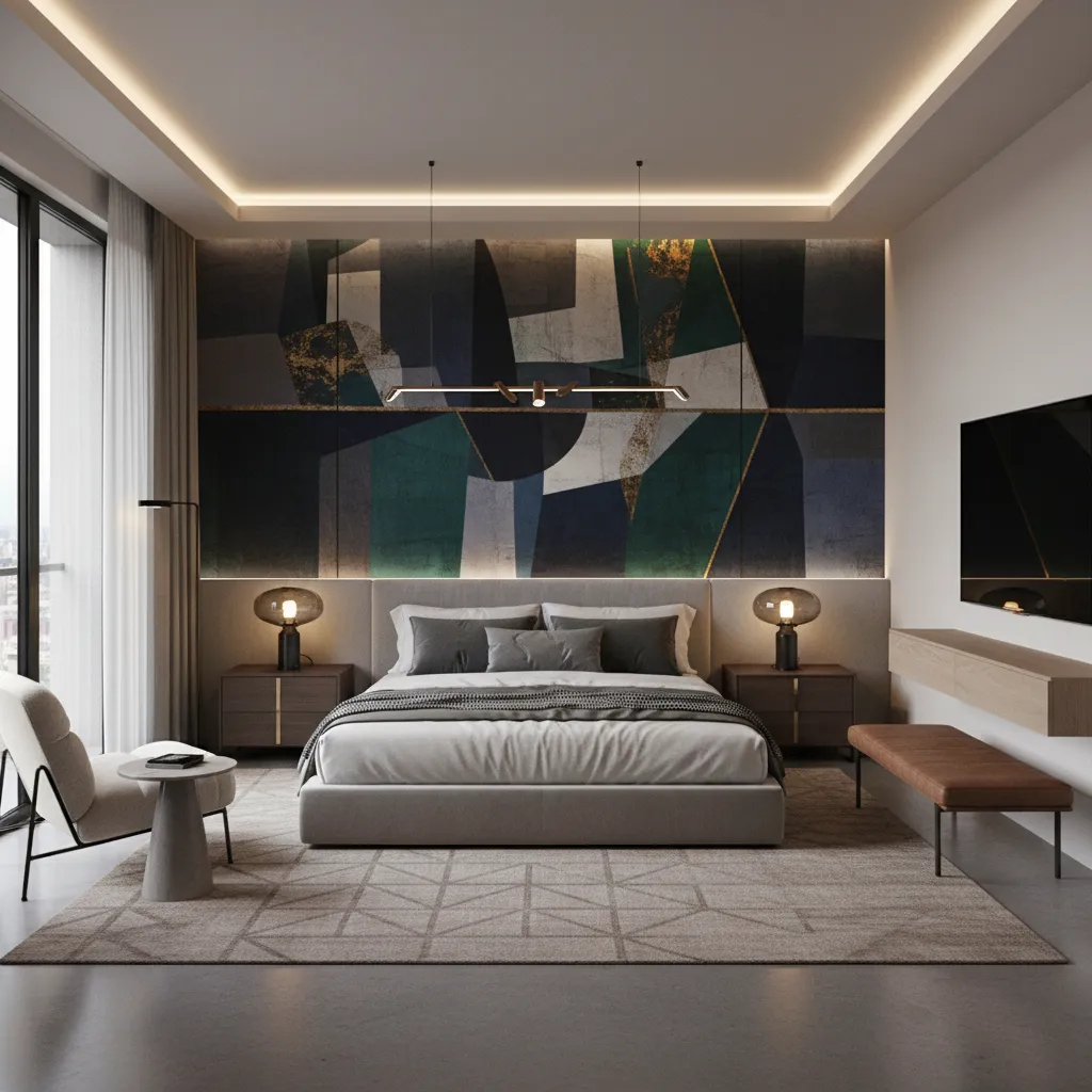 Bedroom with statement wall art and modern decor