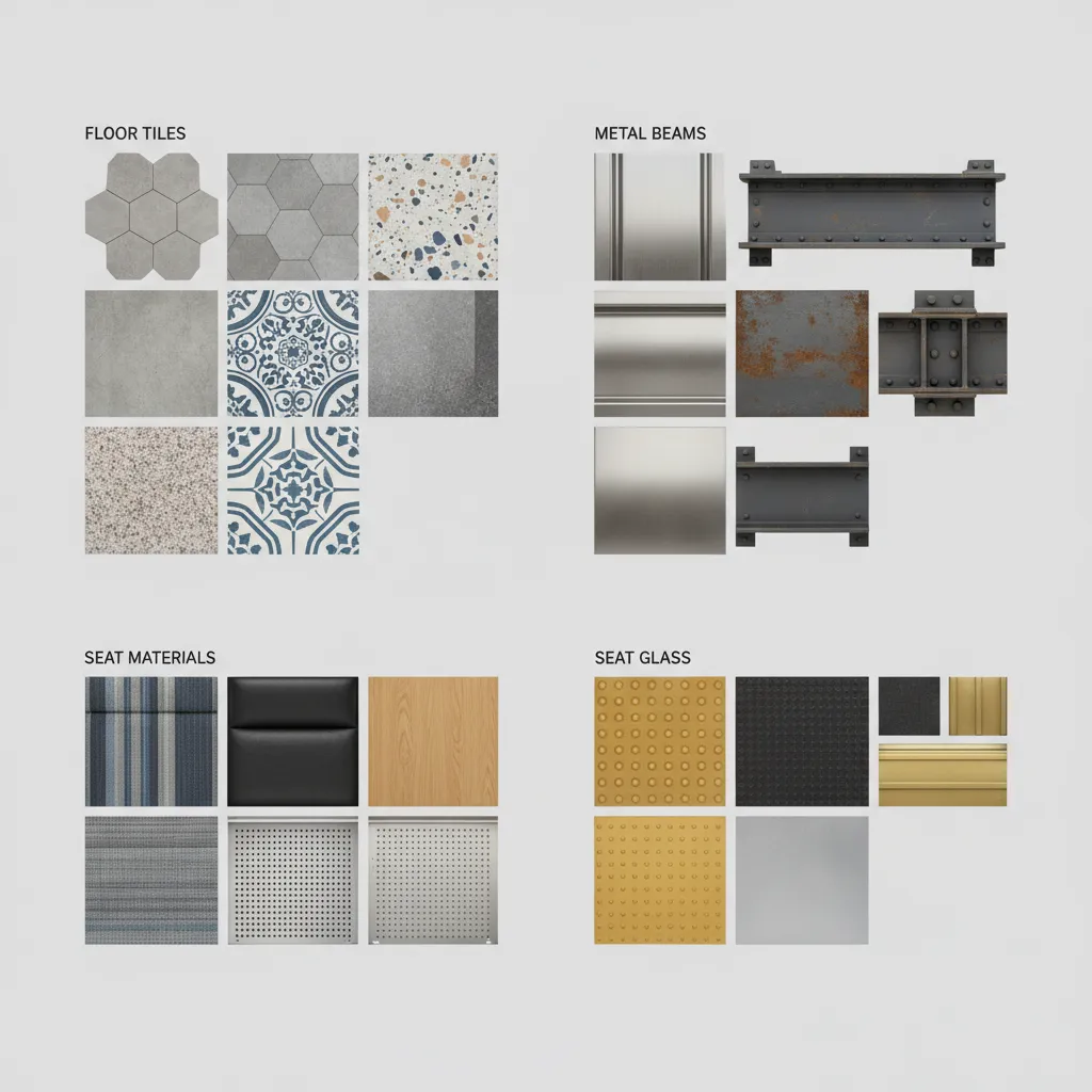 Texture atlas used for railway station materials like floor tiles metal beams and seating