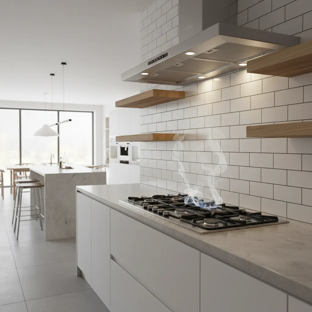 floating shelves installed above a stove showing steam exposure risk