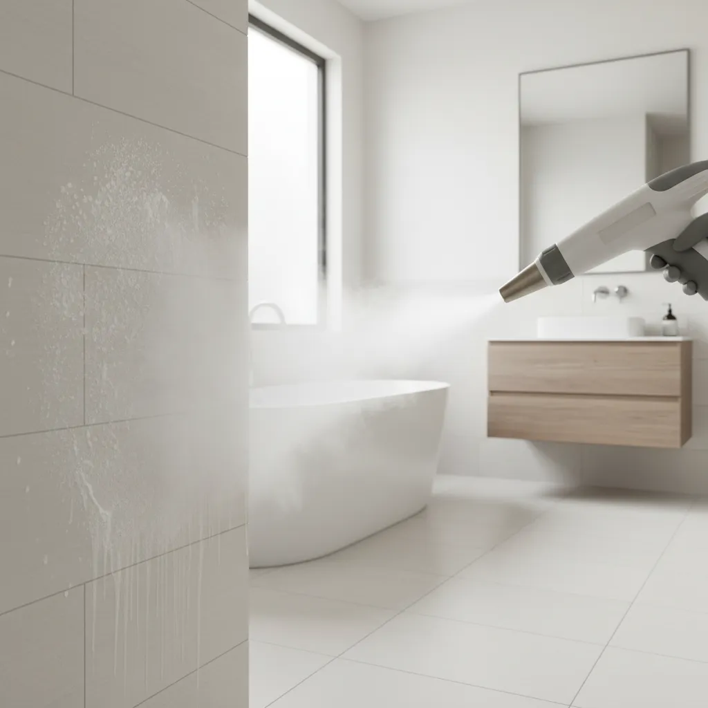 Steam cleaner nozzle removing soap residue from bathroom wall tiles