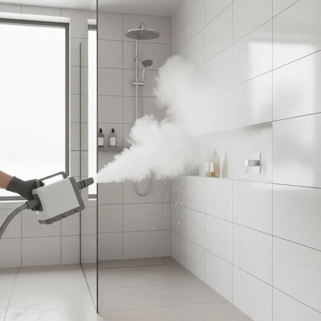 Steam cleaner removing grime from bathroom shower wall tiles