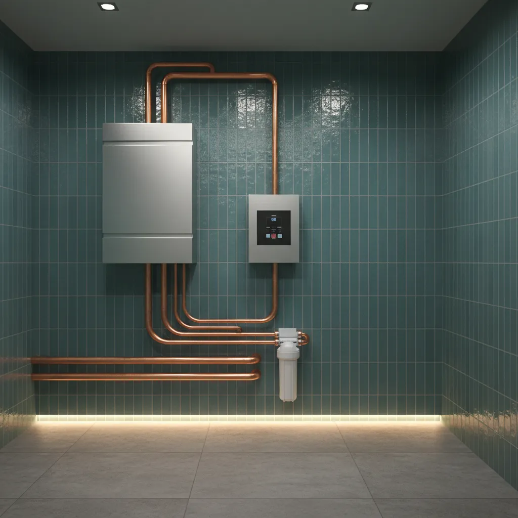 Residential steam generator installed near a bathroom steam room