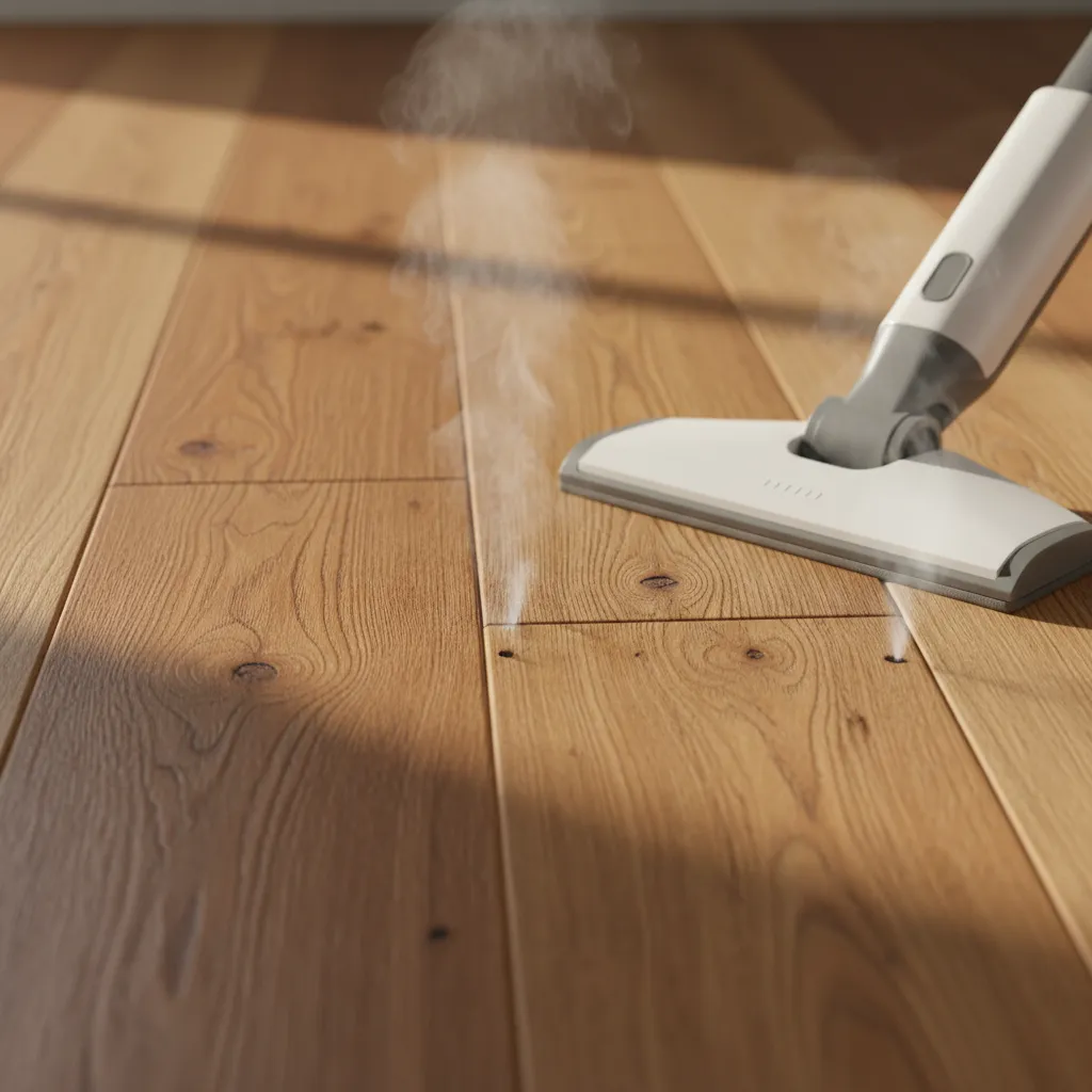 Close up of steam mop near seams of engineered hardwood planks