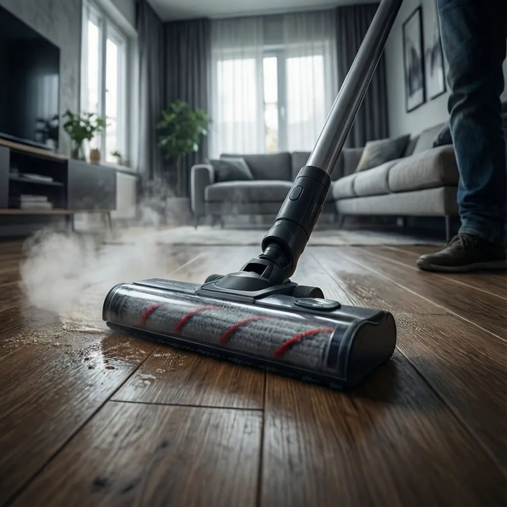Steam mop cleaning wood floor with visible steam