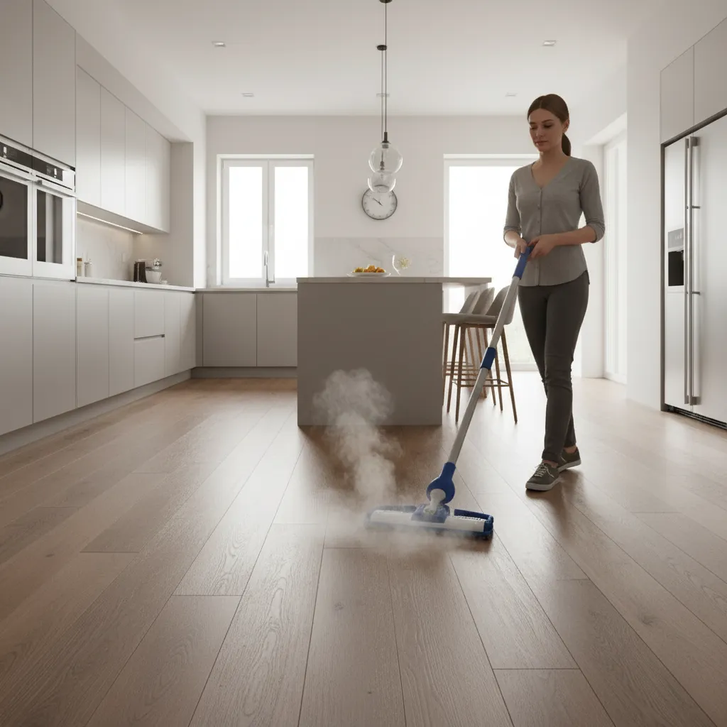 steam mop being used on engineered hardwood floor illustrating risk
