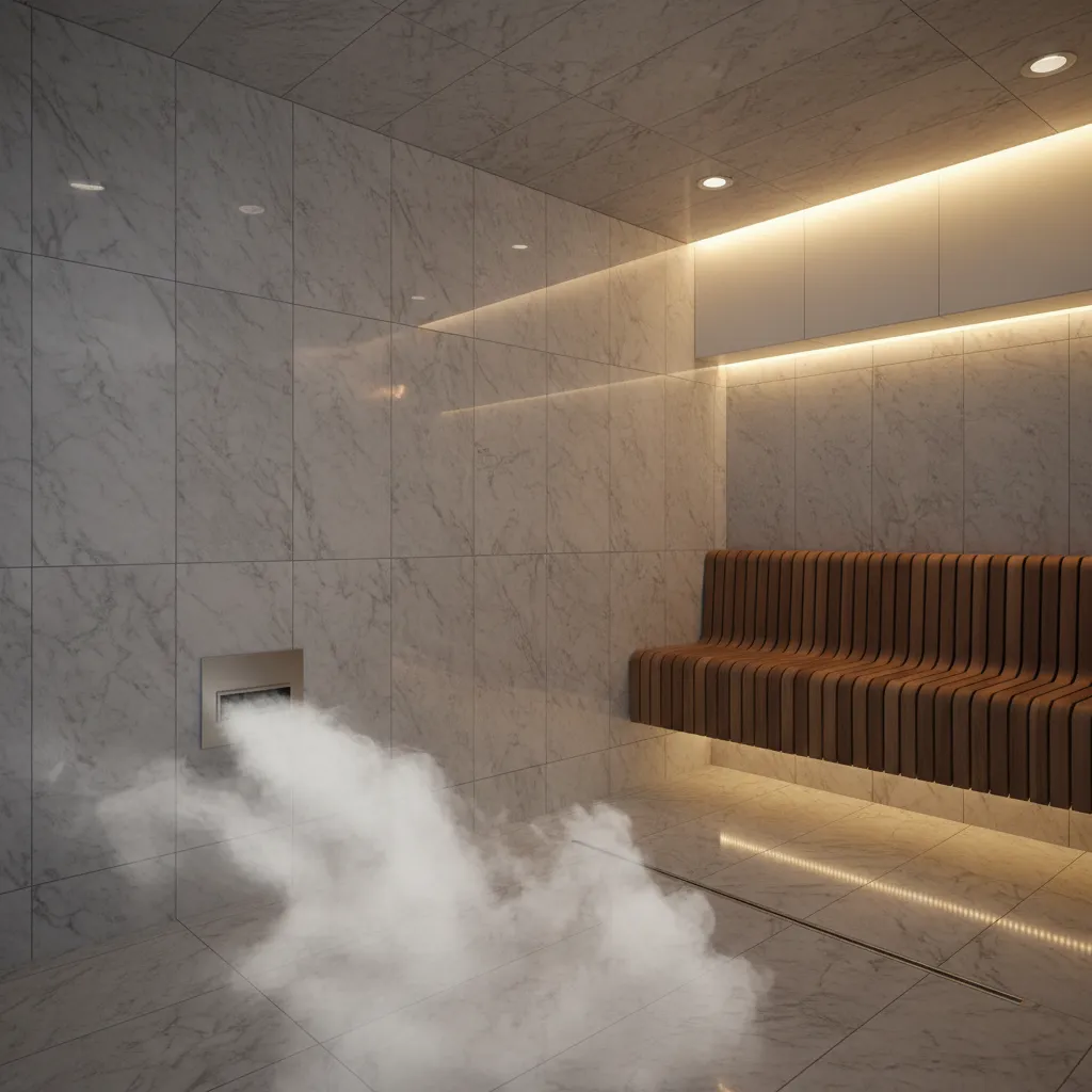 Steam outlet installed low on tiled wall inside a modern steam room