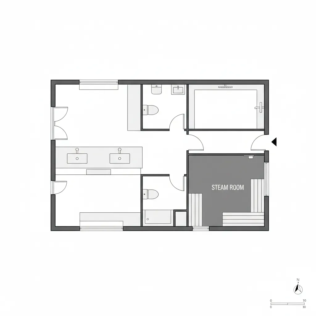 bathroom floor plan showing steam room placement