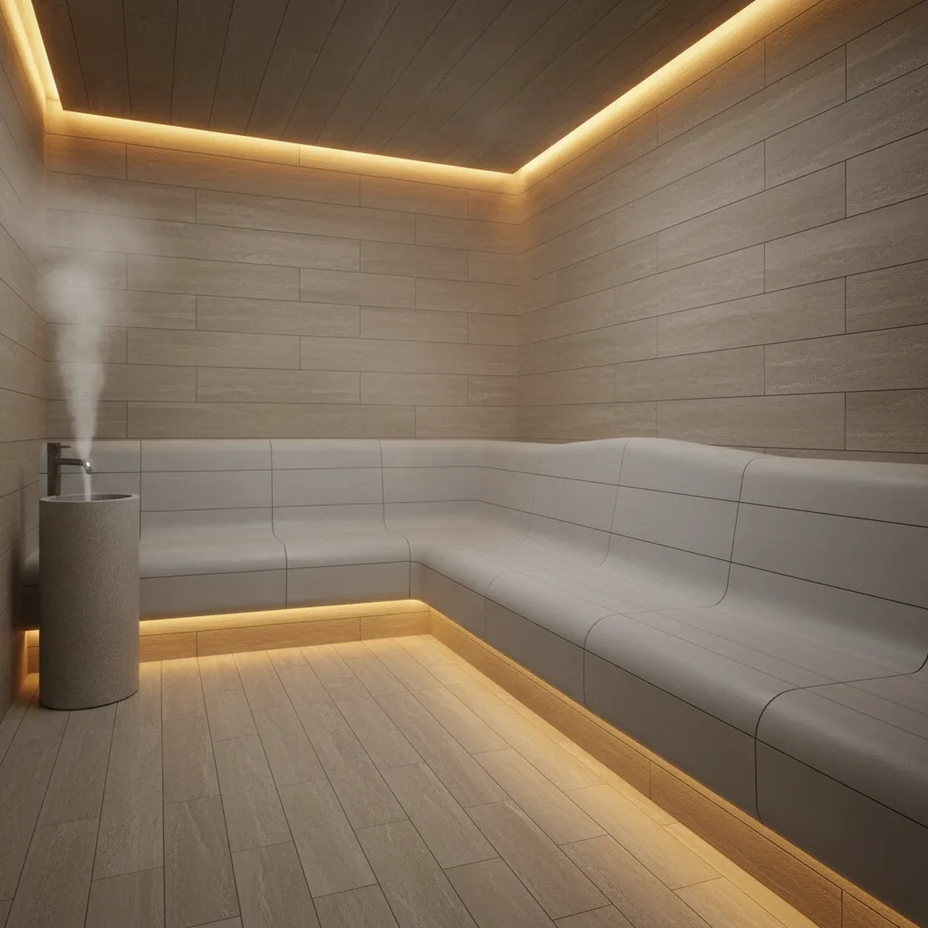 tiled steam room interior with ergonomic bench seating