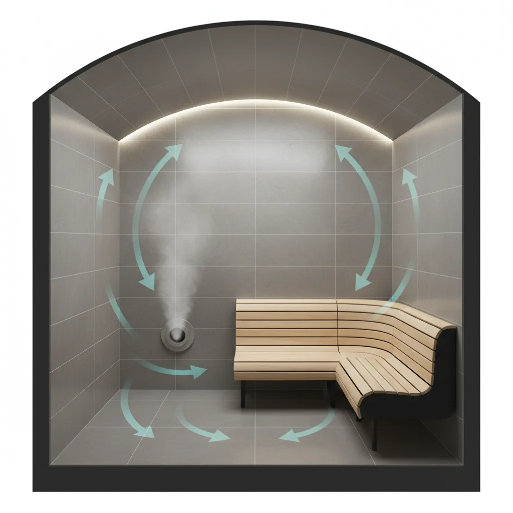 Steam circulation flow visualization inside a large steam room