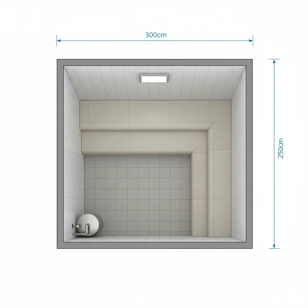 Steam room layout showing length width and height measurements for volume calculation