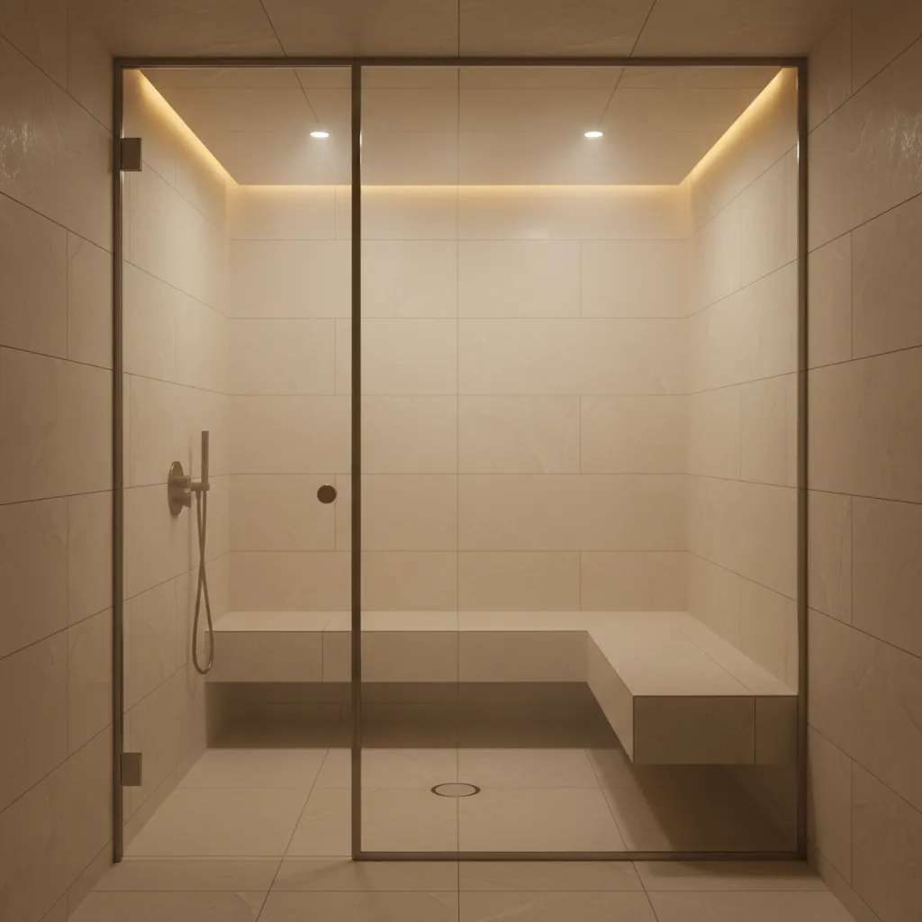 Modern residential steam room with tile walls, bench seating, and glass door