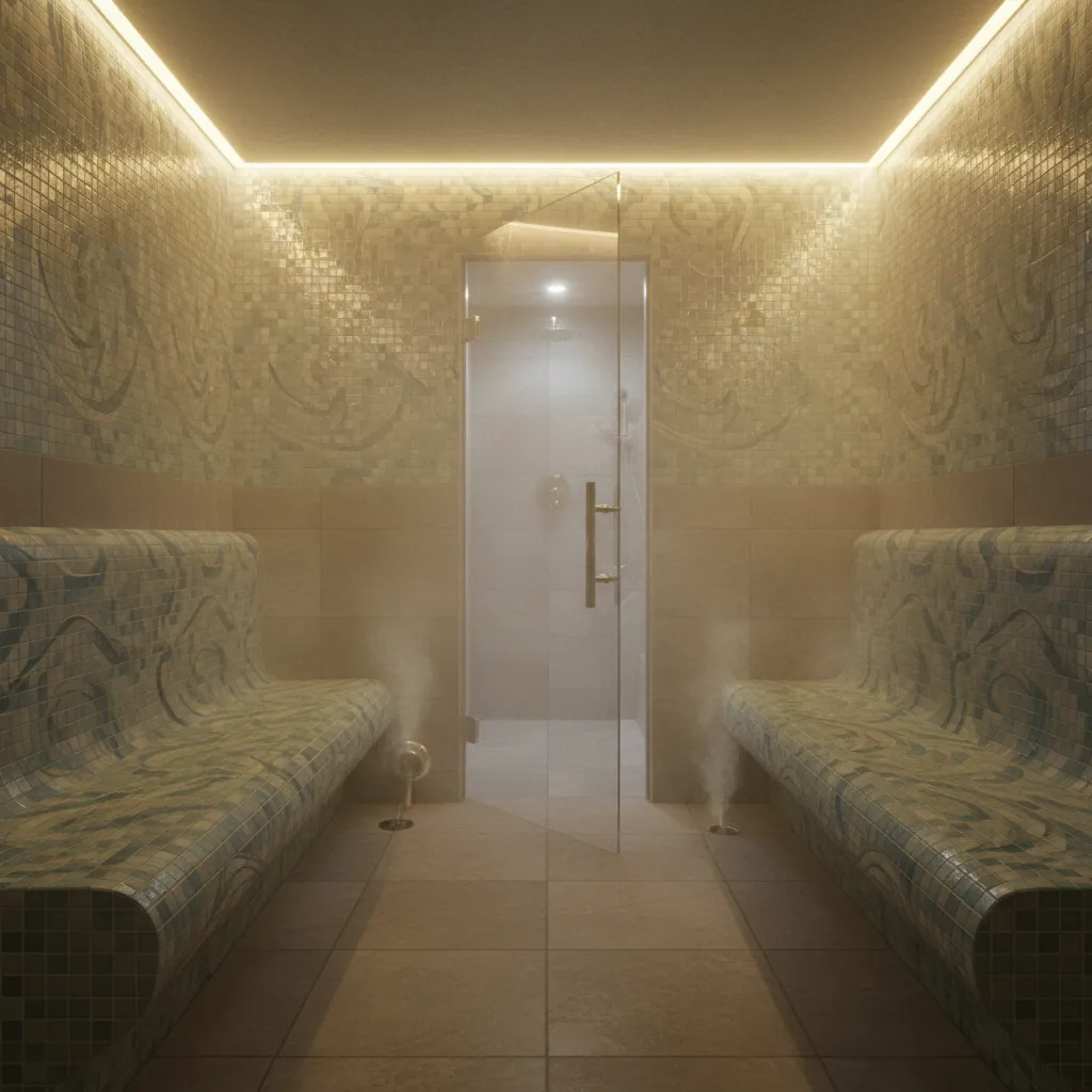 Compact tiled steam room with bench seating and visible steam circulation