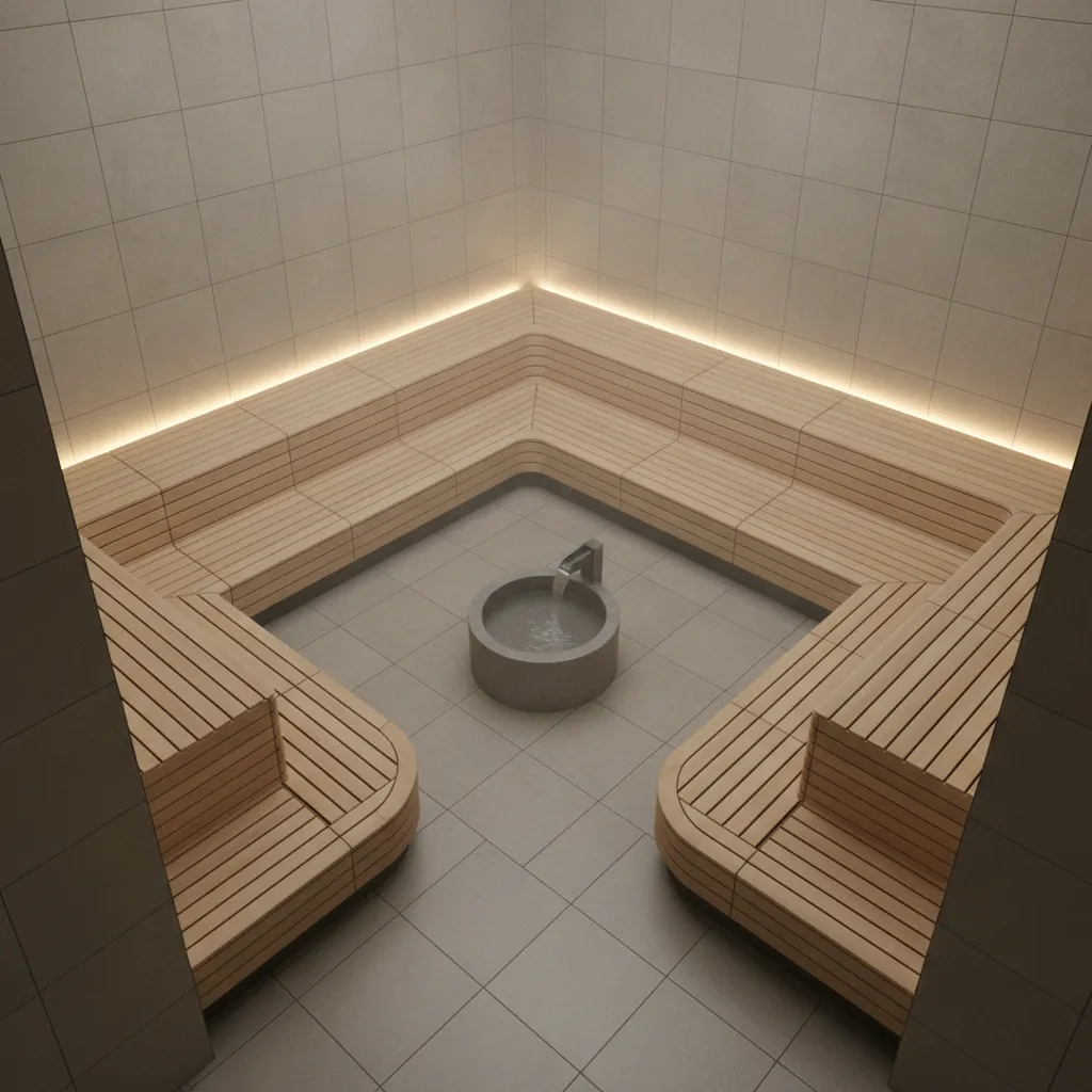 Steam room seating layout showing bench arrangement and user spacing
