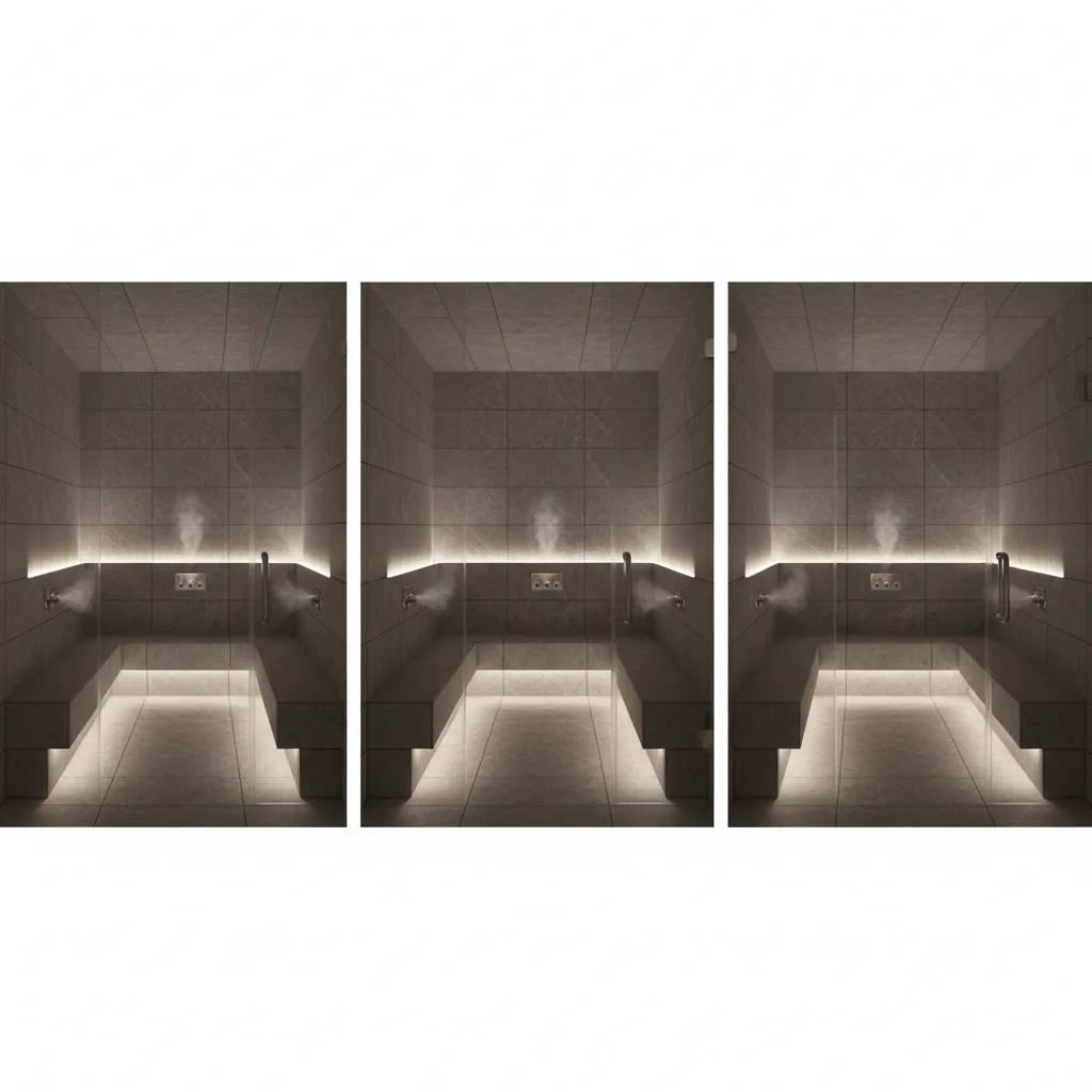 Comparison of small medium and large steam rooms showing generator capacity differences