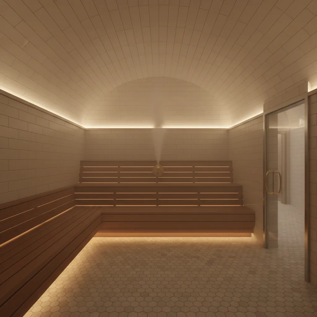Steam room interior with sloped ceiling designed to prevent condensation drip