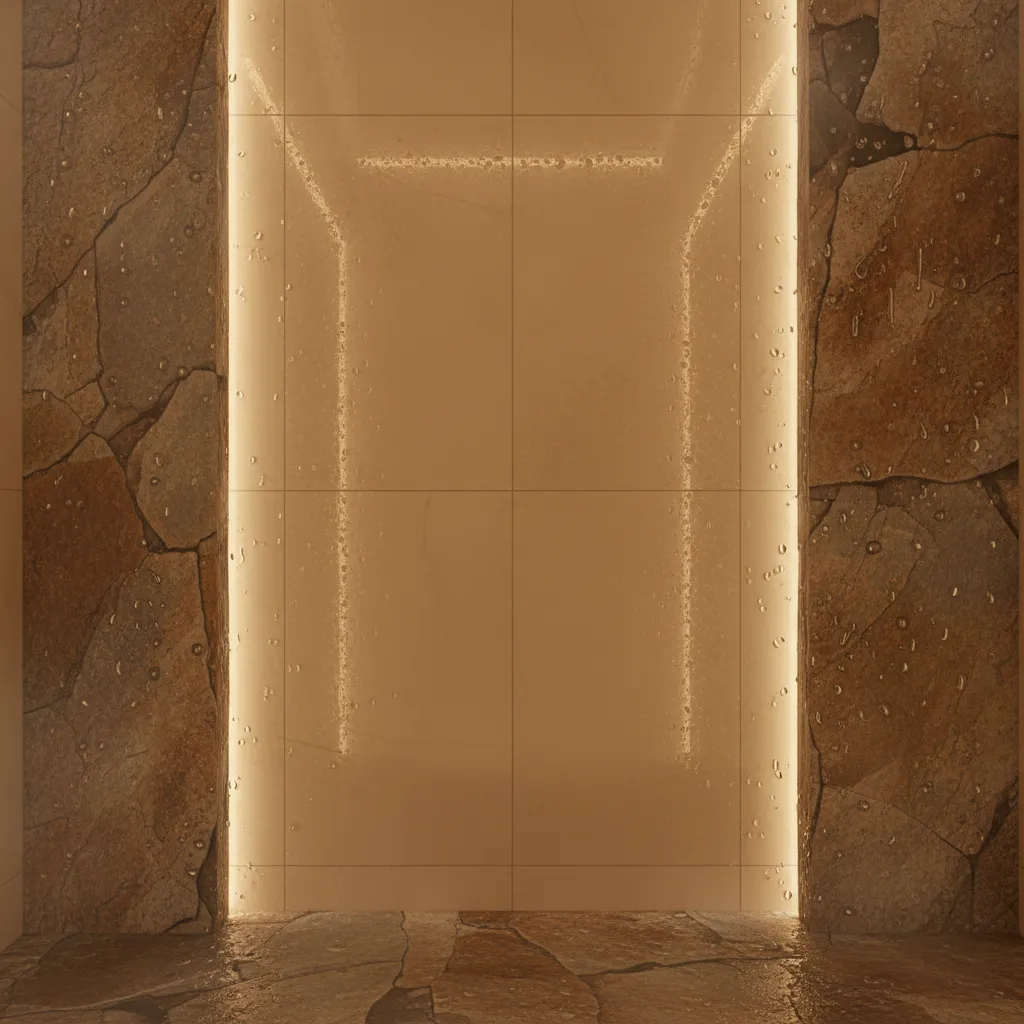 Close view of tile and stone surfaces used in steam room heat retention design