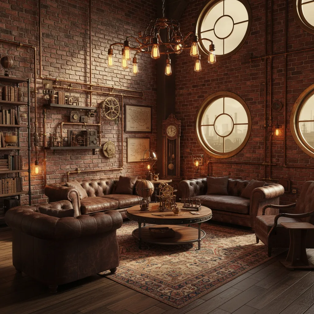 Salón con paredes de ladrillo, tuberías metálicas y decoración steampunk