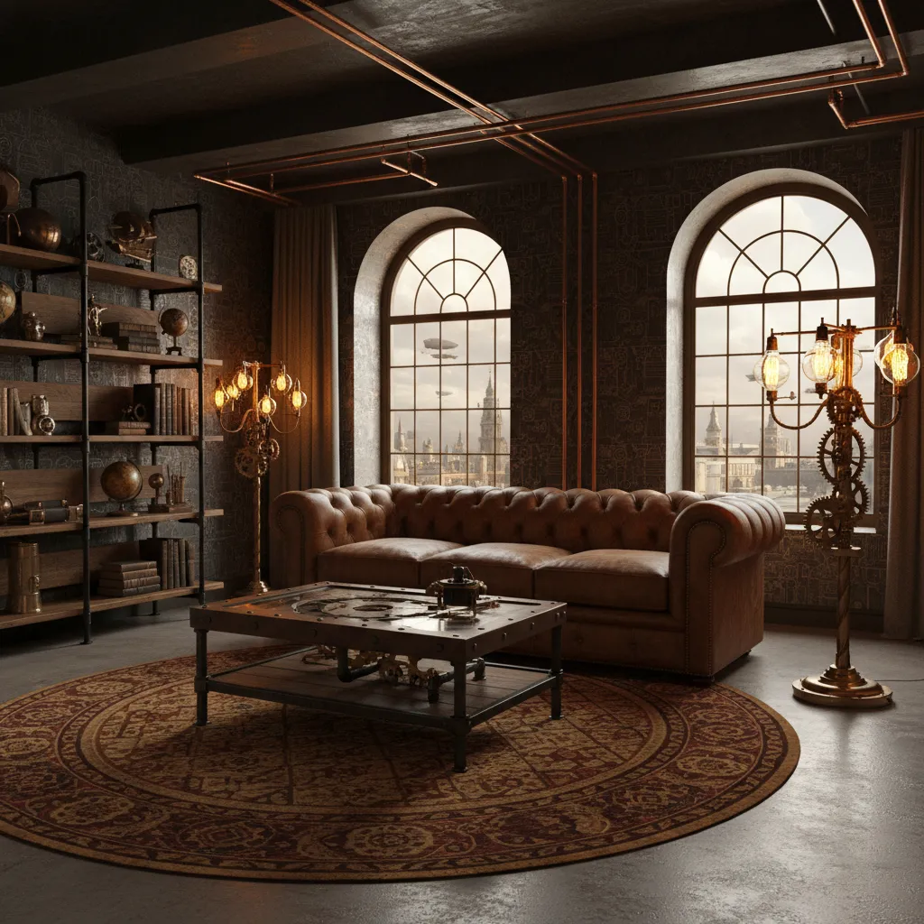 Distribución de salón con muebles industriales y sofá de cuero