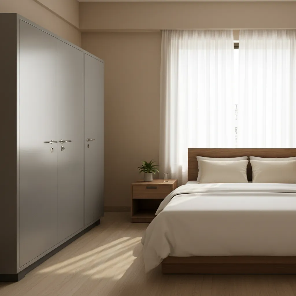 Steel almirah placed in a simple Indian bedroom interior