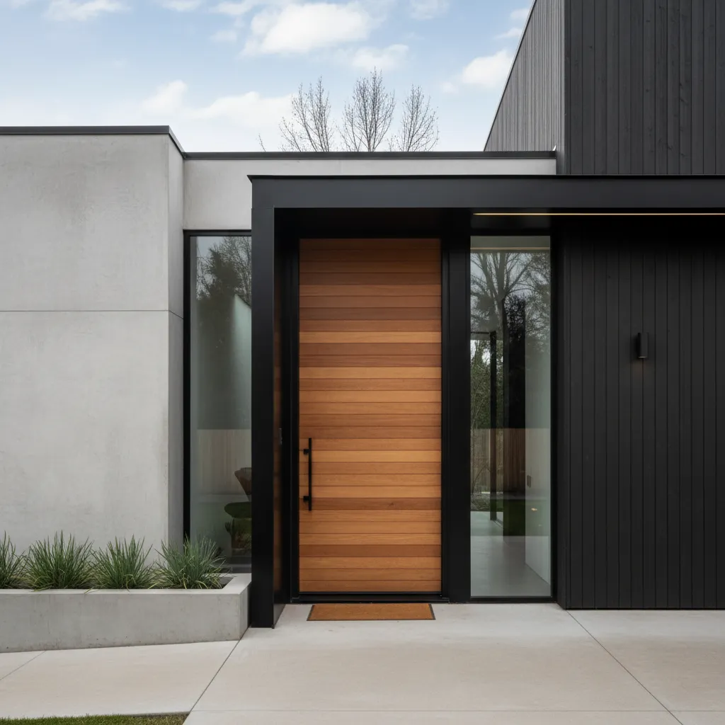 Modern exterior with horizontal wood front door black metal frame glass windows and grey concrete walls
