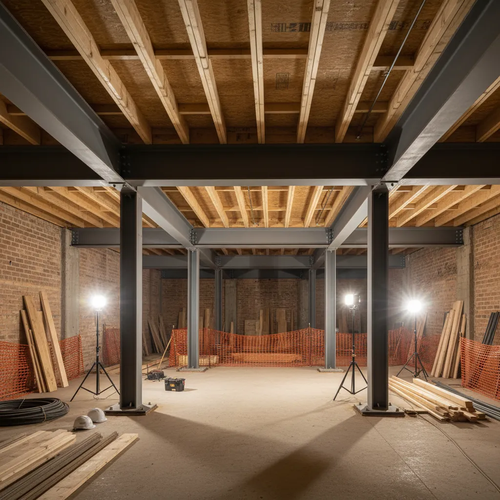Steel beams reinforcing a house structure for second floor addition