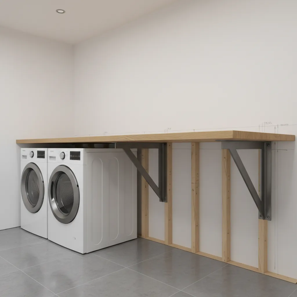 Steel wall brackets supporting floating laundry room countertop
