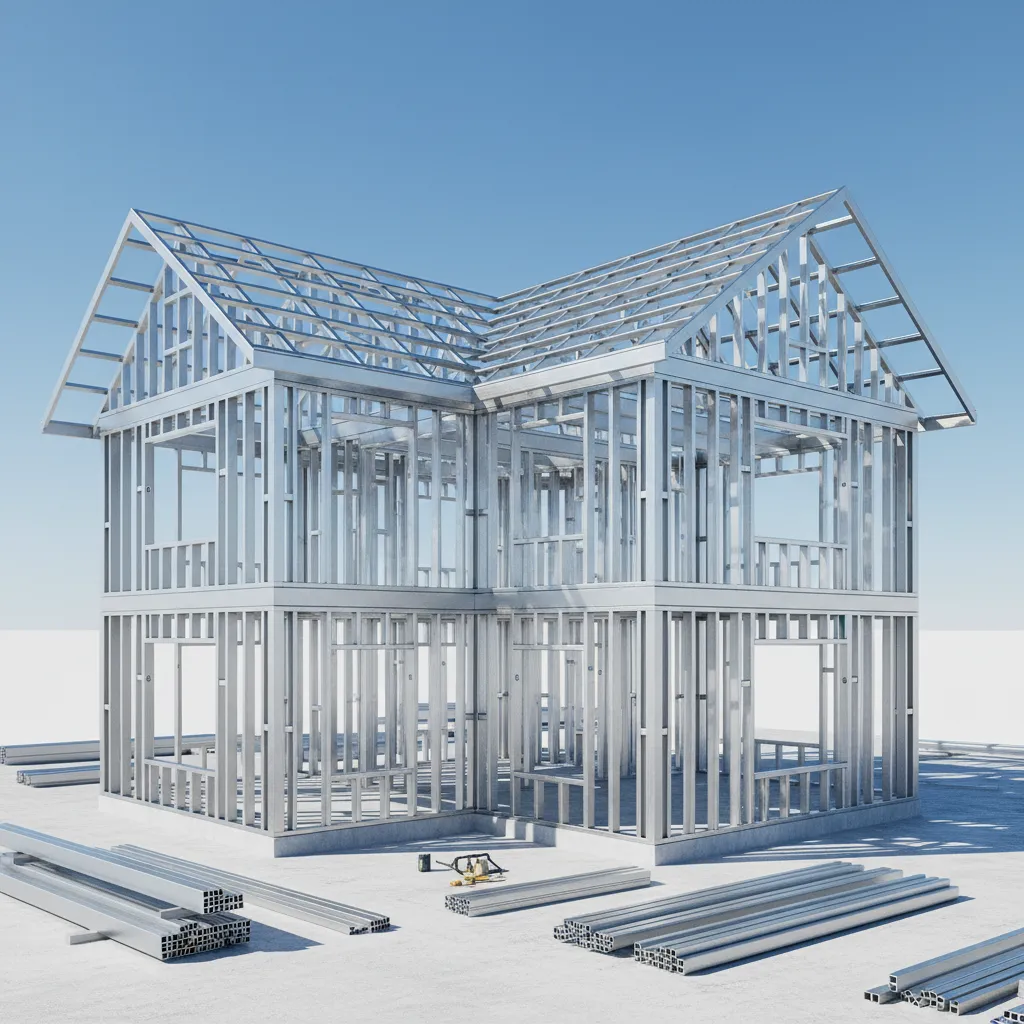 Lightweight steel frame structure for a small residential house under construction