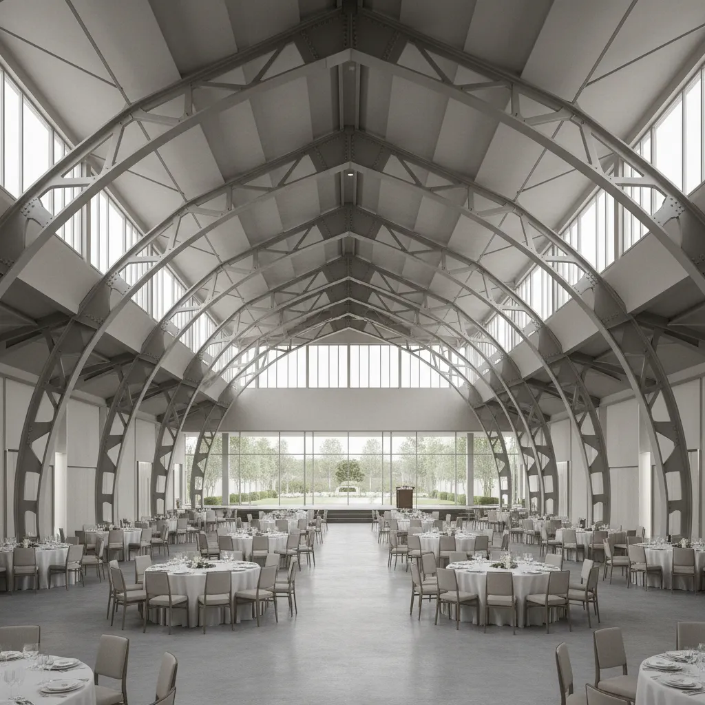 steel structural frame supporting wide span banquet hall interior