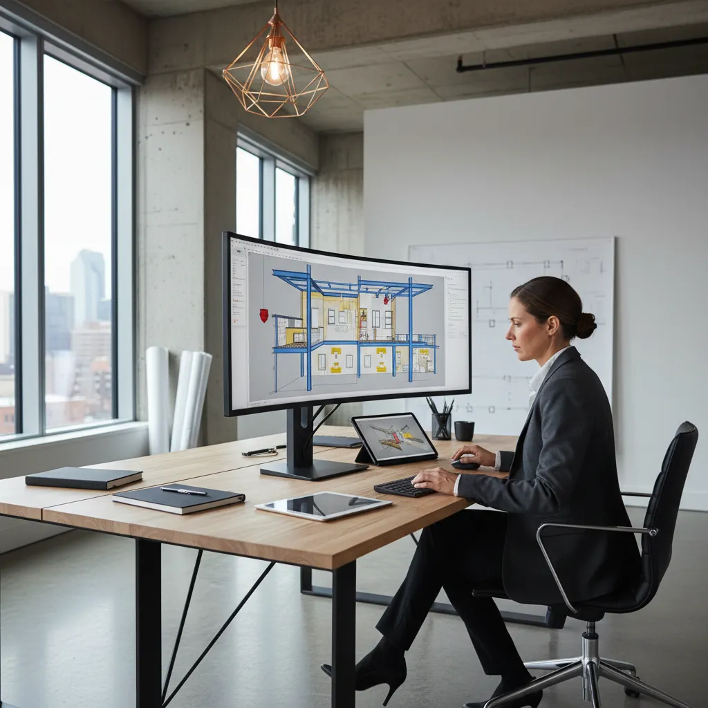 Arquitecto revisando planos de una casa steel framing en pantalla