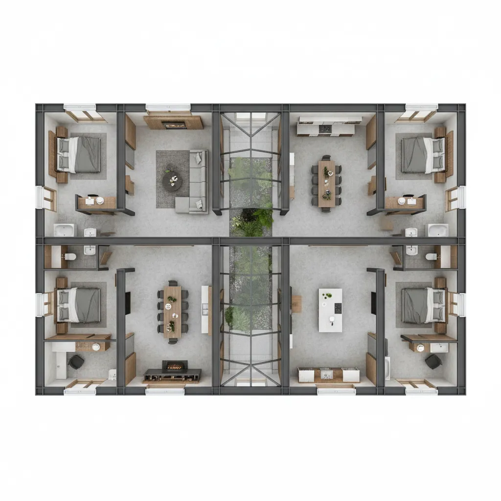 Plano 3D de una vivienda diseñada con sistema steel framing
