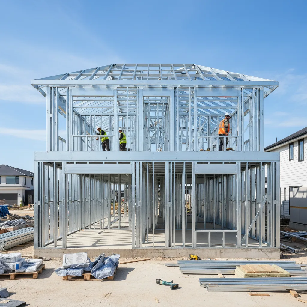 Estructura de acero galvanizado de una casa en construcción con sistema steel framing
