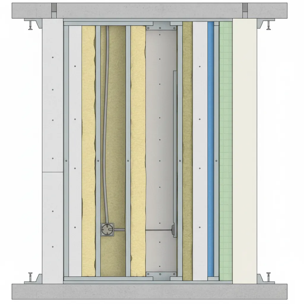 Detalle técnico de muro steel framing con aislamiento e instalaciones