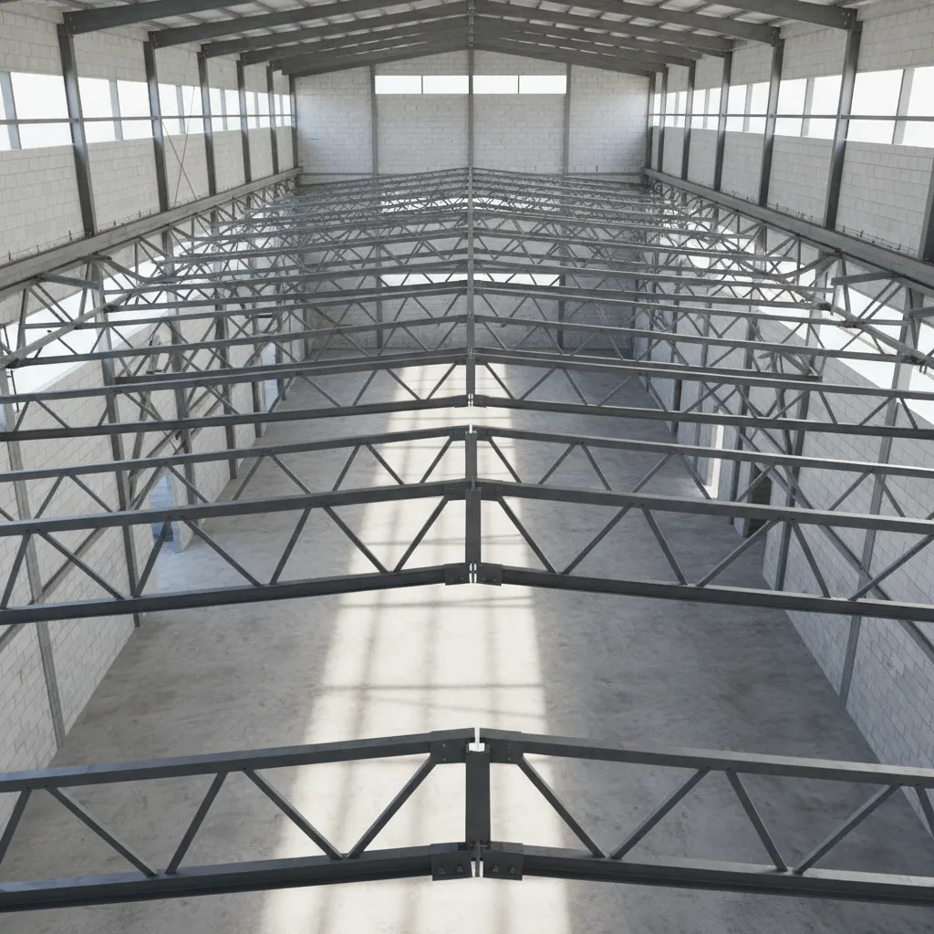 layout of steel trusses spanning across a flat roof building