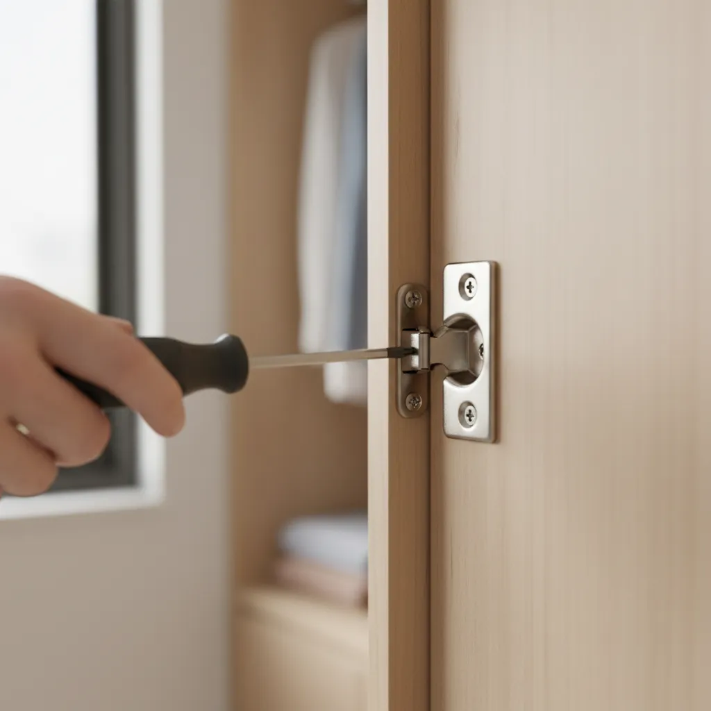 Adjusting hinge on steel wardrobe door to fix alignment