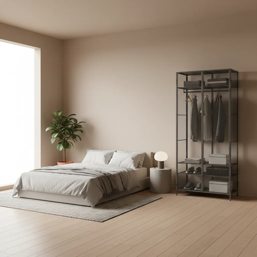 Iron wardrobe placed in a simple modern bedroom interior