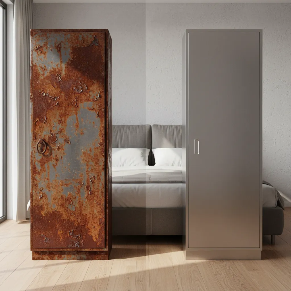 Old rusted steel wardrobe compared with a newer clean wardrobe