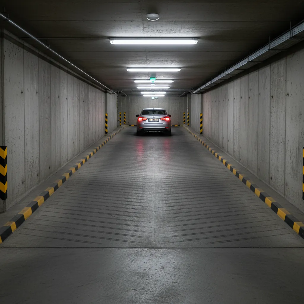 Steep basement parking ramp showing vehicle clearance challenge