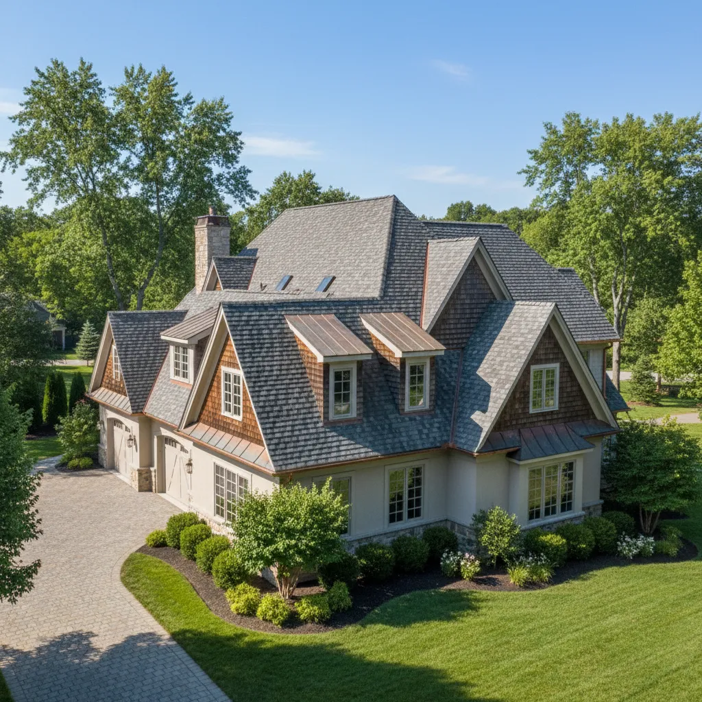 Steep residential roof with dormers and valleys increasing roofing complexity