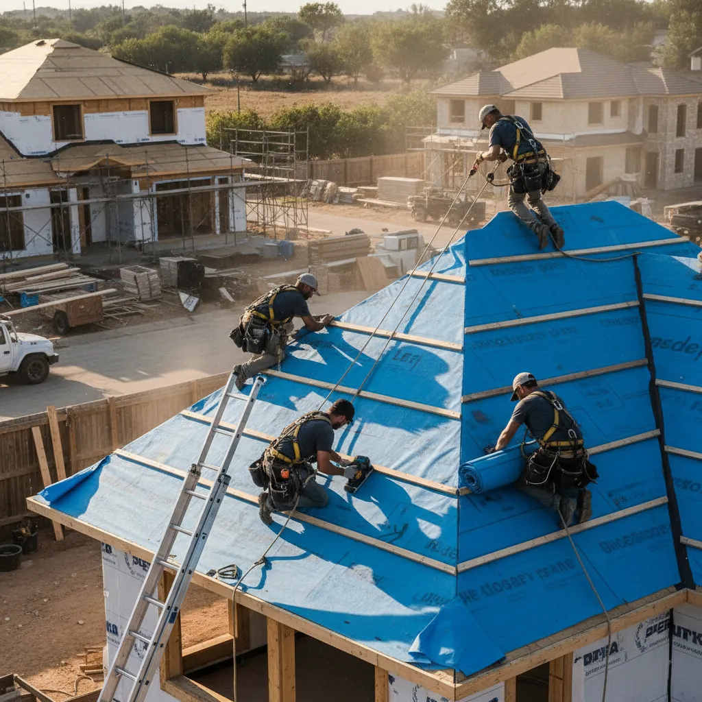 Roofers using safety harnesses while installing tarp on steep roof