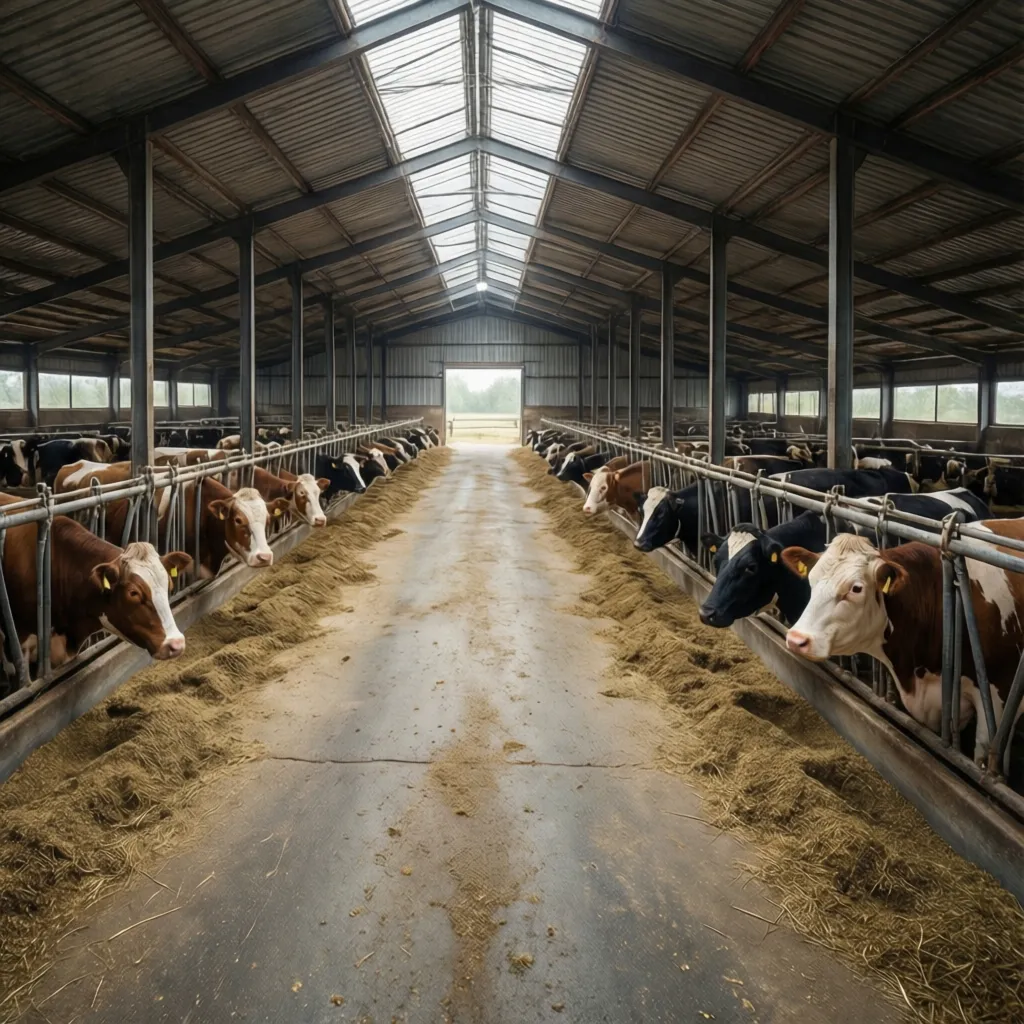 feed alley layout in beef steer barn with pens on both sides